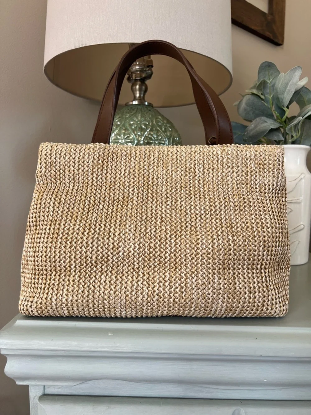 Relativity Woven Straw Tote Bag with Brown Leather Handles Beachy Coastal - Picture 3 of 11